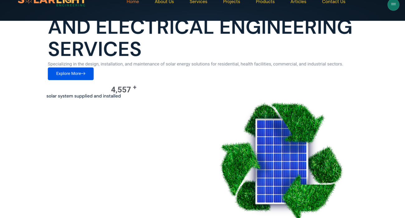 SolarLight Engineering live website homepage - desktop view