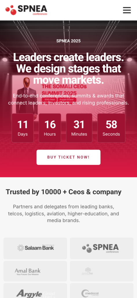 SPNEA Conferences live website homepage - mobile view